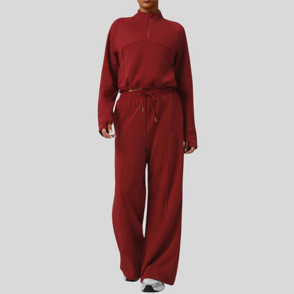 Thick half-zip sweatshirt + drawstring wide-leg pants 2-piece set