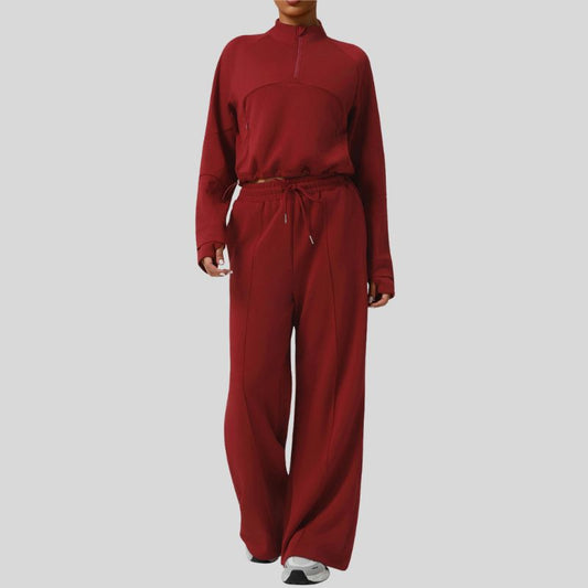 Thick half-zip sweatshirt + drawstring wide-leg pants 2-piece set
