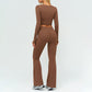 Slim-fitting long-sleeved top + High-waisted flared pants 2-piece set