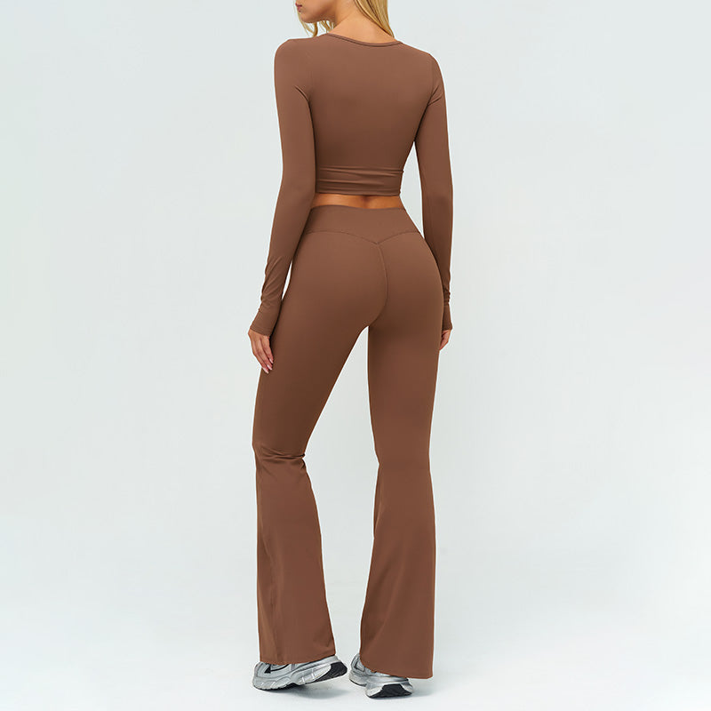 Slim-fitting long-sleeved top + High-waisted flared pants 2-piece set