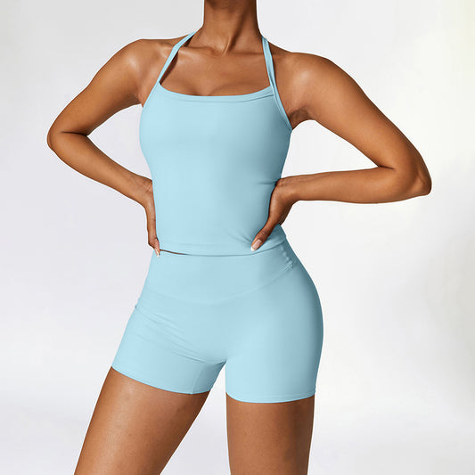 Tapa del tanque de yoga de cruz cepillado + pantalones cortos de cintura alta de 2 piezas