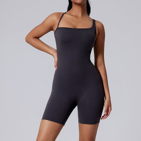 Asymmetric straps hollow back shorts sports jumpsuit