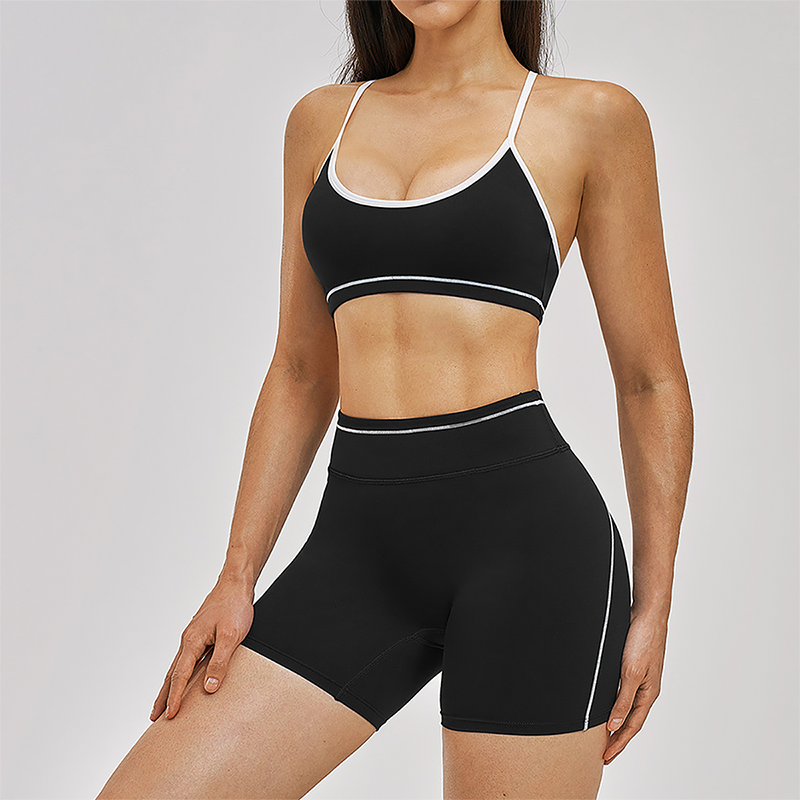 Wholesale Color Block Naked Yoga Halter Bra+Tight Shorts 2-Piece Set