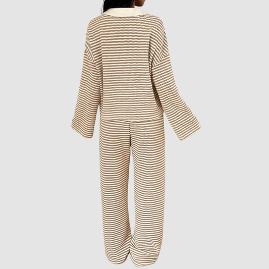 Wholesale Women's Striped Collared Lounge Set – Long Sleeve Top + Wide-Leg Pants