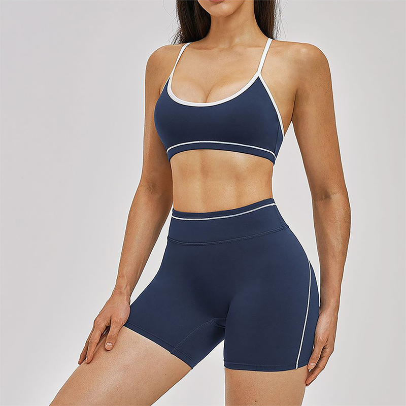 Wholesale Color Block Naked Yoga Halter Bra+Tight Shorts 2-Piece Set
