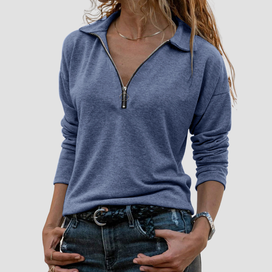 Wholesale Women's Knitted Fabric Lapel Zipper Casual Long Sleeve Top