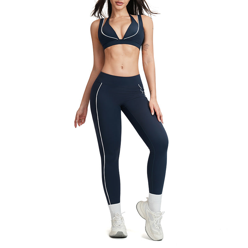 Color-block backless bra + high-waisted leggings 2-piece set