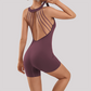 Wholesale Women's Open-Back Athletic Bodysuit – Cloud-Feel Double-Sided Quick-Dry Shorts Jumpsuit