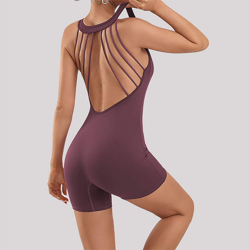 Wholesale Women's Open-Back Athletic Bodysuit – Cloud-Feel Double-Sided Quick-Dry Shorts Jumpsuit