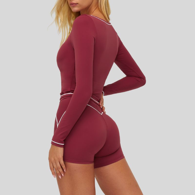 Color-blocked long-sleeved sports top+High waisted shorts 2-piece set