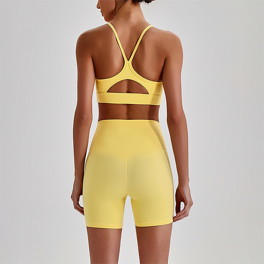 Wholesale Brushed Naked-Feel Open-Back Sports Bra & High-Waist Shorts Set – Sculpting Yoga 2-Piece