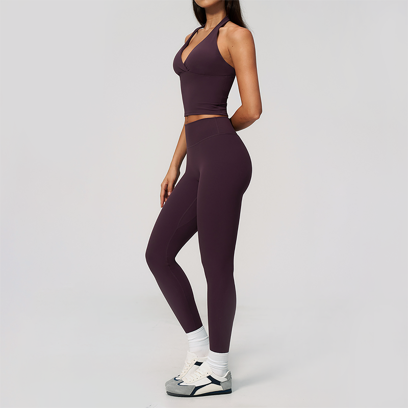 Wholesale Women's Cream-Feel Fleece Deep-V Halter Neck Tank Top & Leggings Set