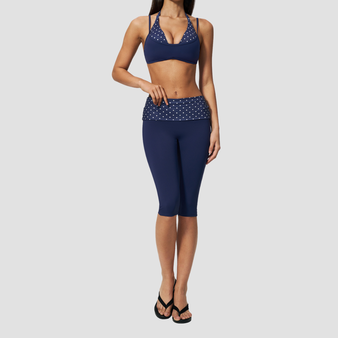 Wholesale Women's Polka Dot & Stripe Yoga Set Halter Neck Sports Bra & Capri Pants w/ Chest Pad