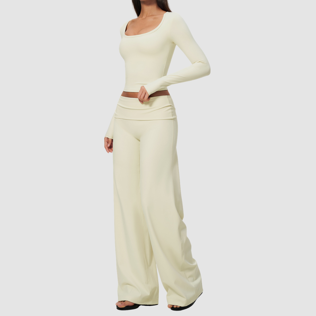 Wholesale Women's Brushed Yoga Set: Long-Sleeve Crop Top & Wide-Leg Pants