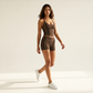 Wholesale Women's Halter V-Neck Color-Block Slim-Fit Sports Bra & Shorts Yoga Set