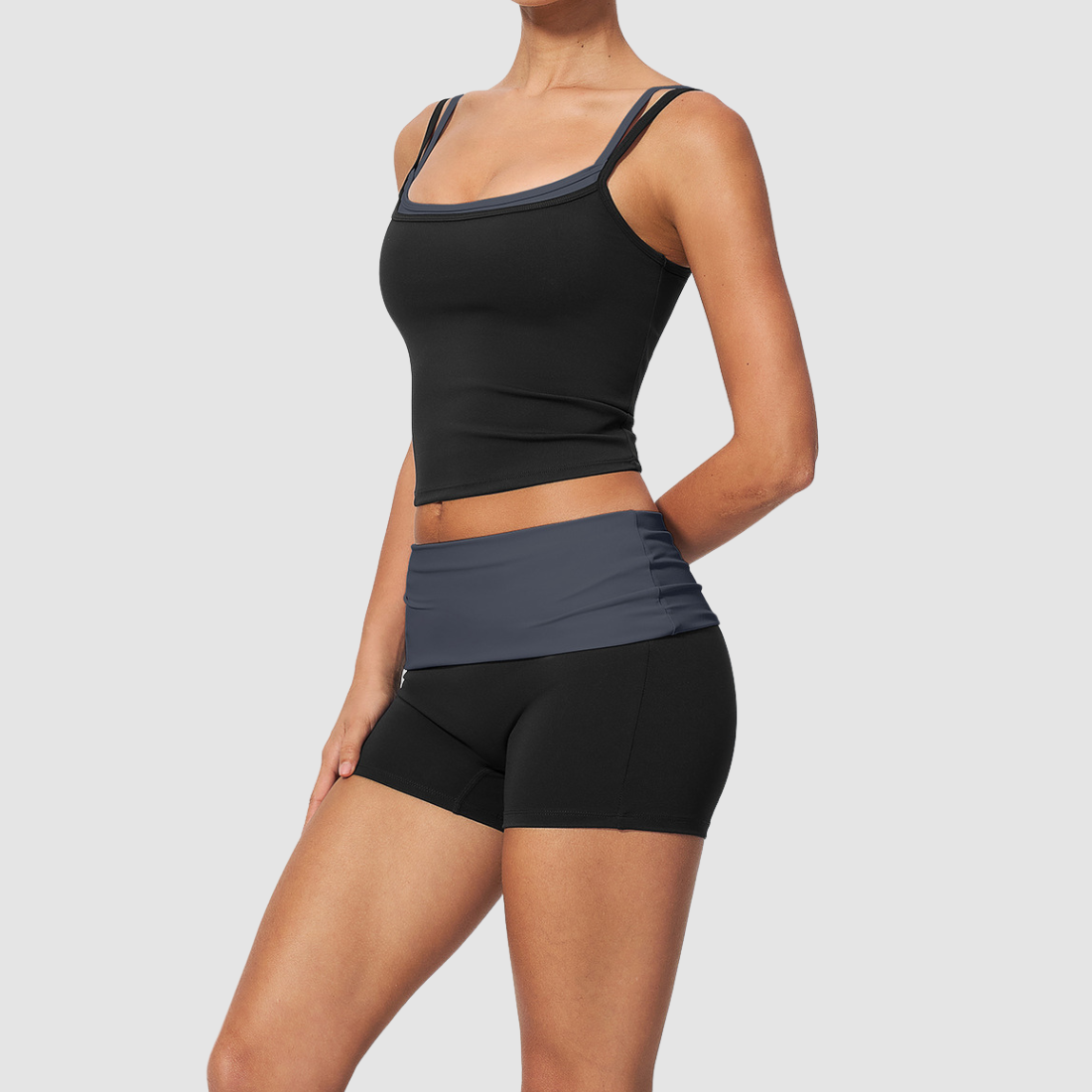 Wholesale Contrast Color Faux Two-Piece Yoga Set – Tummy Control Fitness Outfit