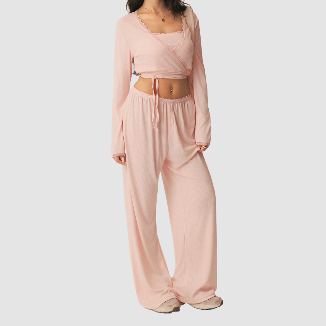 Wholesale Women's 3-Piece Yoga Lounge Set – Padded Cami, Cardigan & Wide-Leg Pants