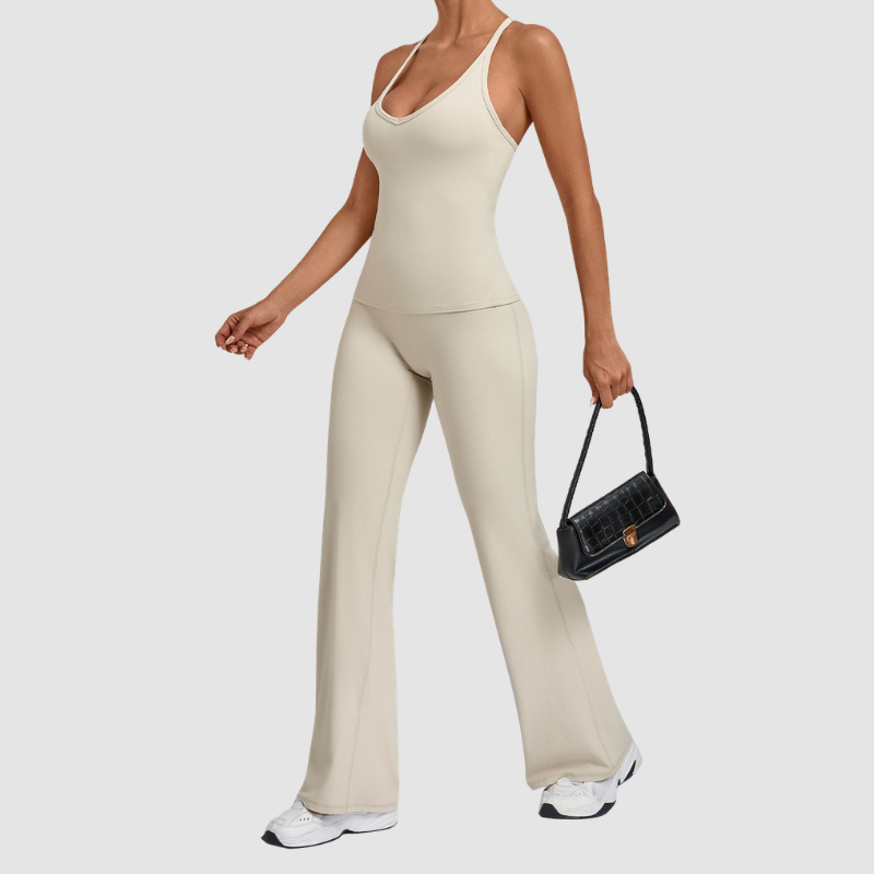 Wholesale Women's Racerback Yoga Set – Double-Layer Chest Pad Cross Waist Flare Pants