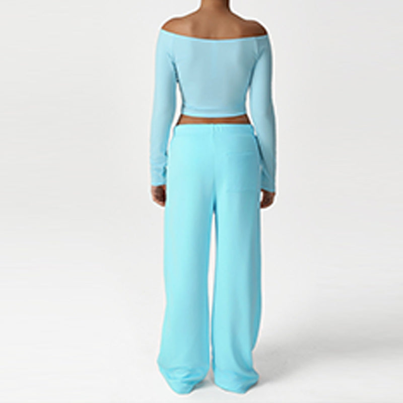 Off-Shoulder Long Sleeve + Loose Sports Pants 2-Piece Set