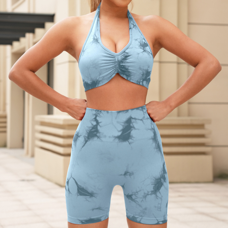 Seamless tie-dye halter backless bra + high-waisted shorts two-piece set