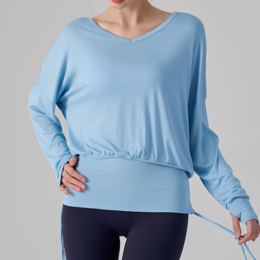Wholesale V-Neck Batwing Sleeve Yoga Cover-up – Loose Drawstring T-Shirt
