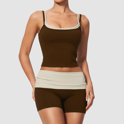 Wholesale Contrast Color Faux Two-Piece Yoga Set – Tummy Control Fitness Outfit