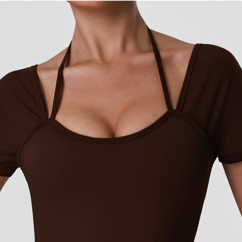 Wholesale Women's Cut-Out Open Back Short Sleeve Yoga Bodysuit – Built-In Bra Pad Gym Fitness One-Piece