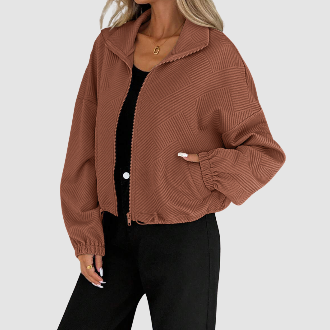 Wholesale Women's Stand-Collar Zip Jacket – Loose Drawstring Pocket Outerwear
