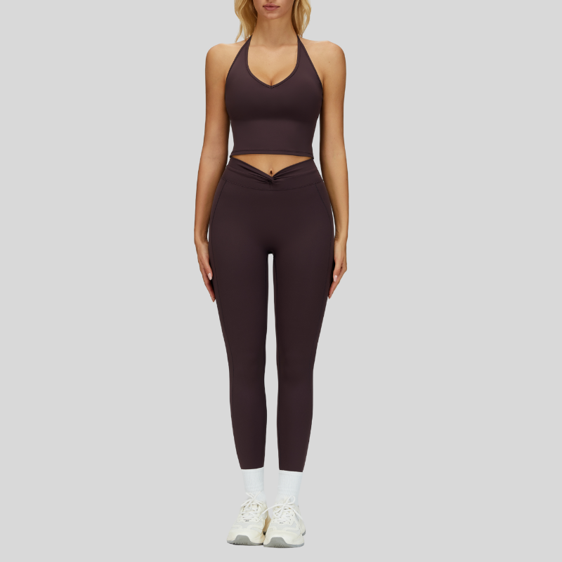 Removable Bra Pad Tank top+Pleated waistband sport leggings 2-piece set