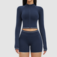 Wholesale color-blocked stand-collar zippered jacket + high-waisted tight shorts