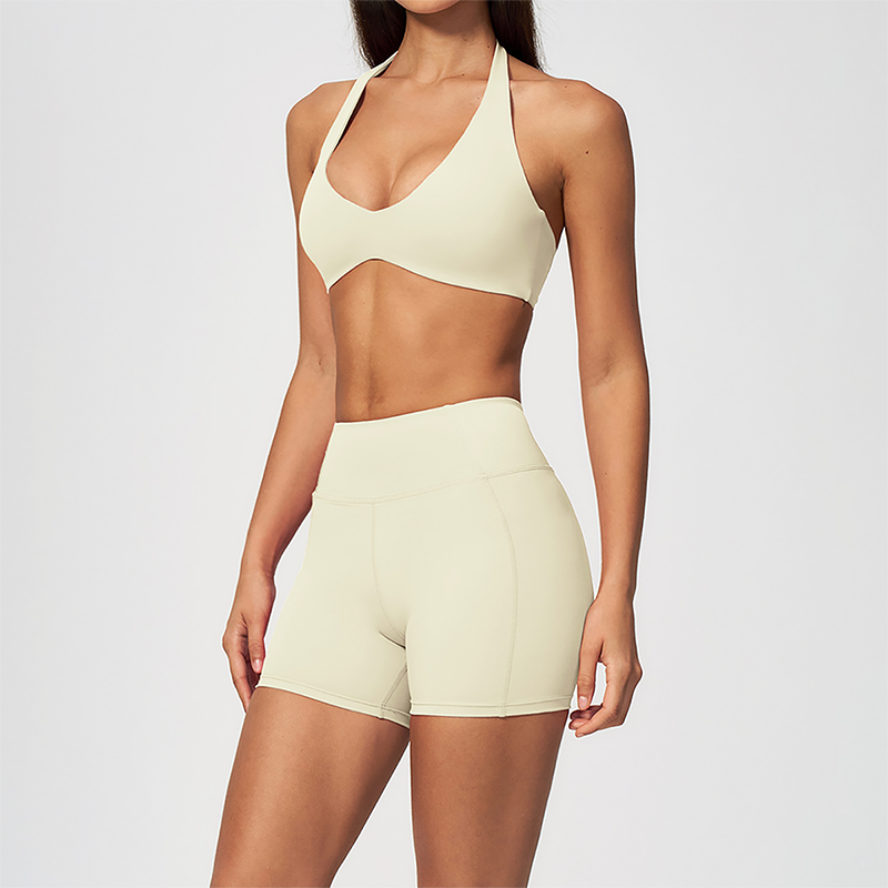 Wholesale Women's Halter Neck Yoga Set – Padded Bra & High-Waist Shorts Activewear