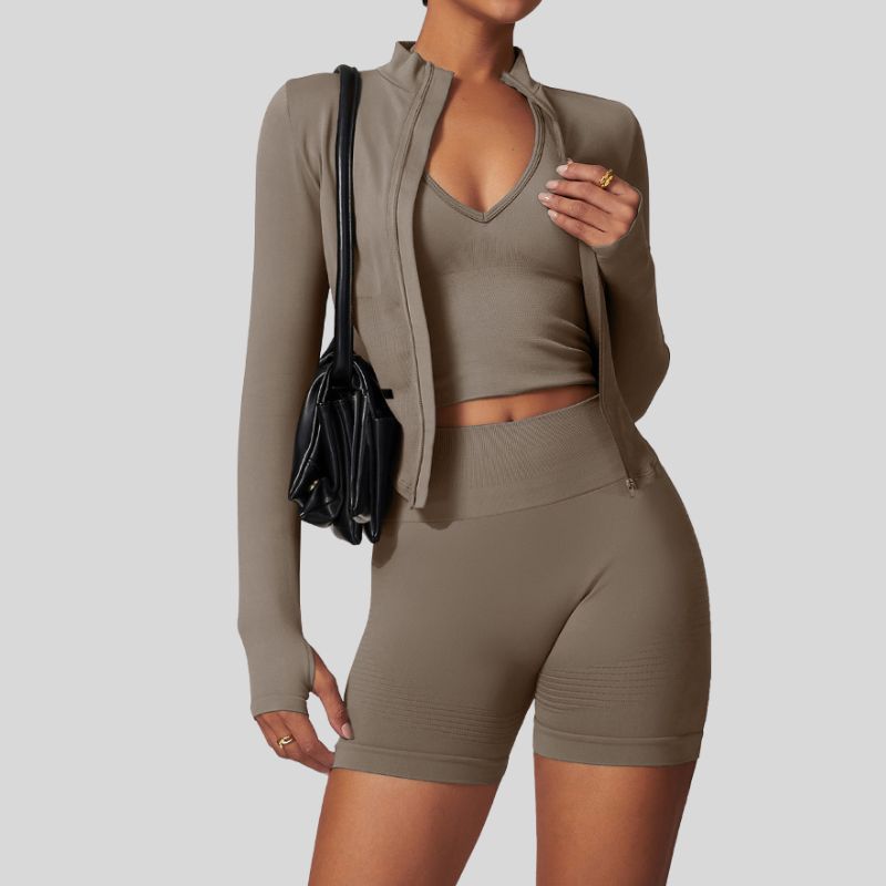 Sujetador de yoga sin costuras + pantalones cortos + set de 3 piezas con chaqueta de cremallera completa de manga larga
