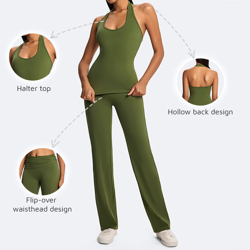 Classic halter-neck open-back tank top + loose-fitting pants 2-piece set