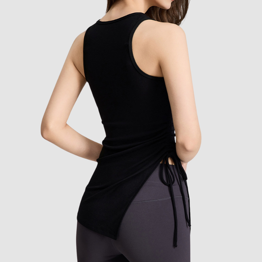 Wholesale Women's Ribbed Yoga Tank Top with Drawstring Hem & Side Slit – TX309