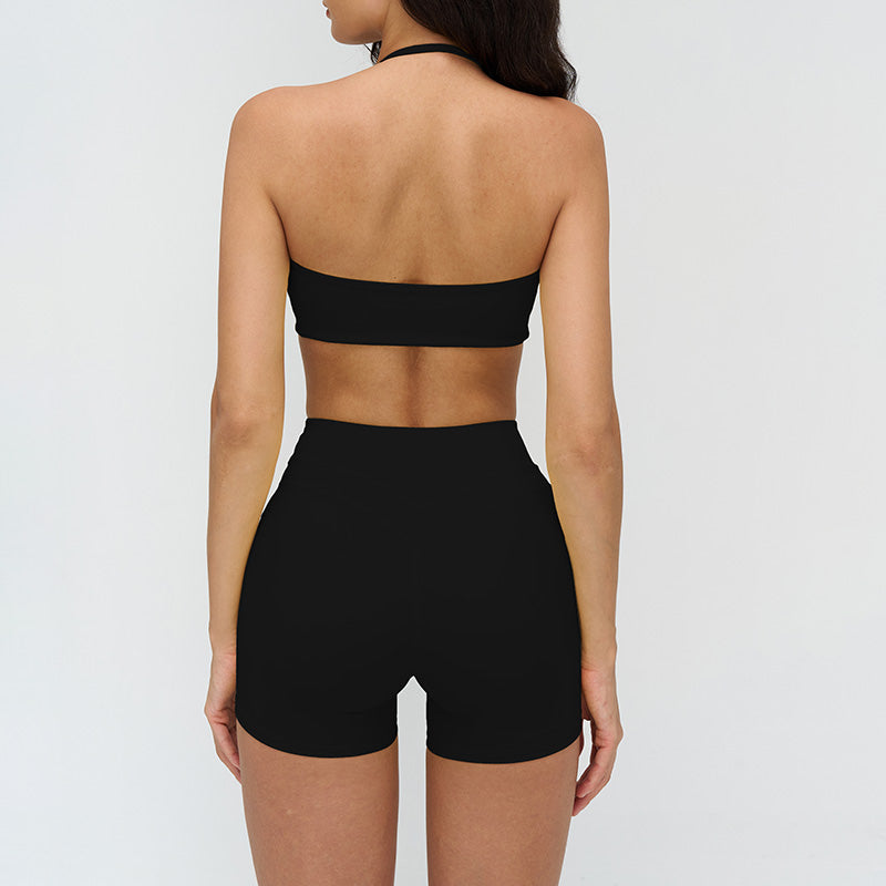 Halter-neck open-back sports bra + high-waisted shorts 2-piece set