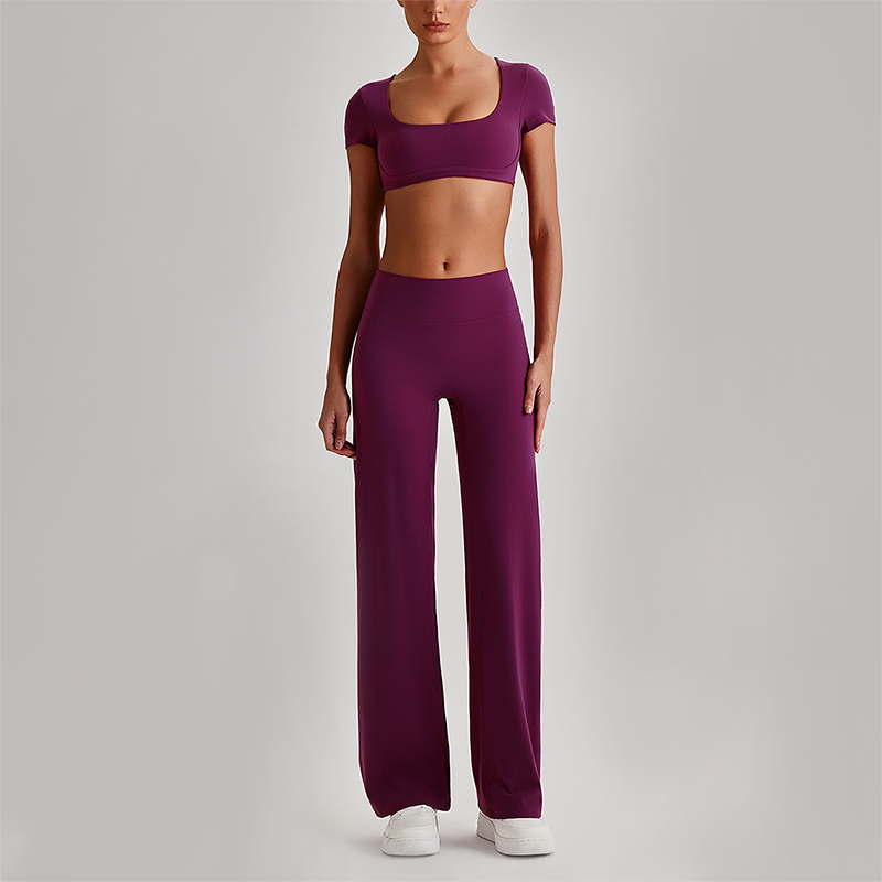 Wholesale Women's Short Sleeve Exposed Back Bra+Naked Feel Straight Leg Pants Yoga Set