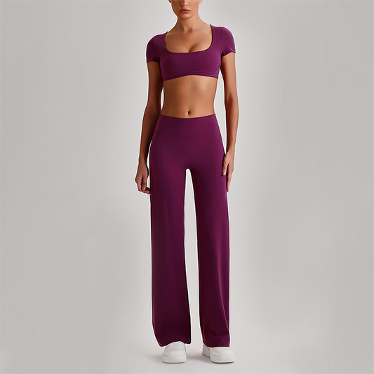 Wholesale Women's Short Sleeve Exposed Back Bra+Naked Feel Straight Leg Pants Yoga Set