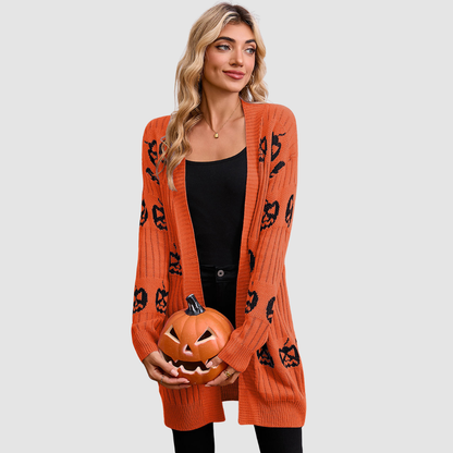 Wholesale Women's V-Neck Long Sleeve Halloween Witch Pumpkin Jacquard Cardigan