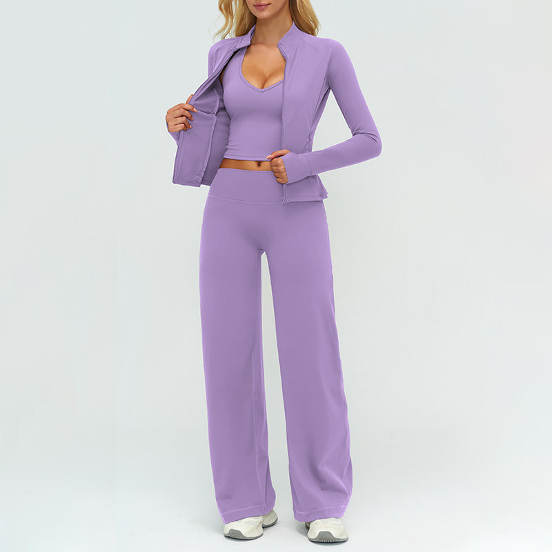 Stand collar zipper jacket +V-neck backless tank top + high-waisted loose wide-leg pants 3-piece set