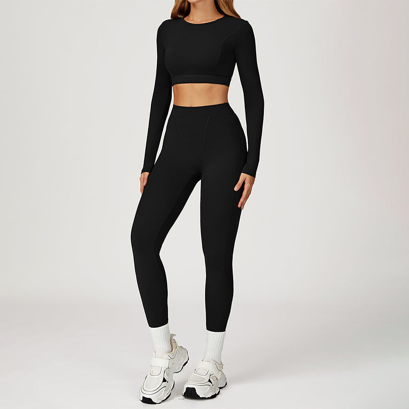 Round-neck long-sleeve high-waist fitted top+HIGH WAIST LEGGINGS 2-PIECE SET