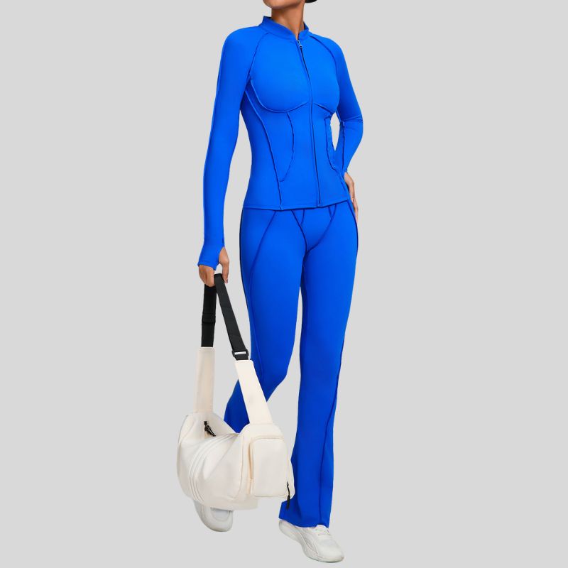 Thumb-buckle zipper jacket + slightly flared pants+2-piece set