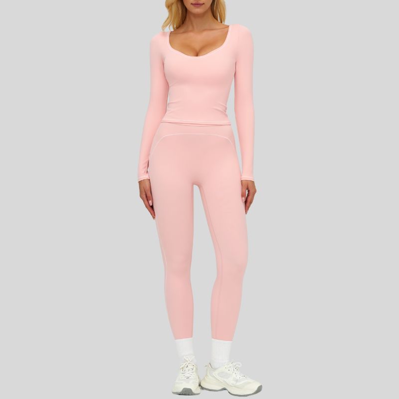 Color-blocked long-sleeved sports top+High waisted leggings 2-piece set