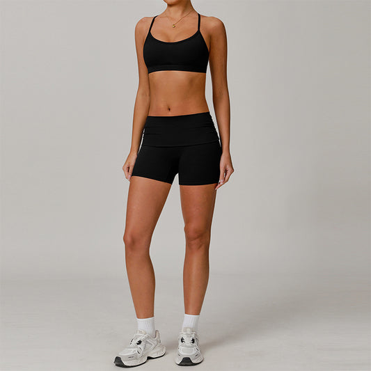 Cruce y correas delgadas Sports Bras + Shorts de cintura alta de 2 piezas