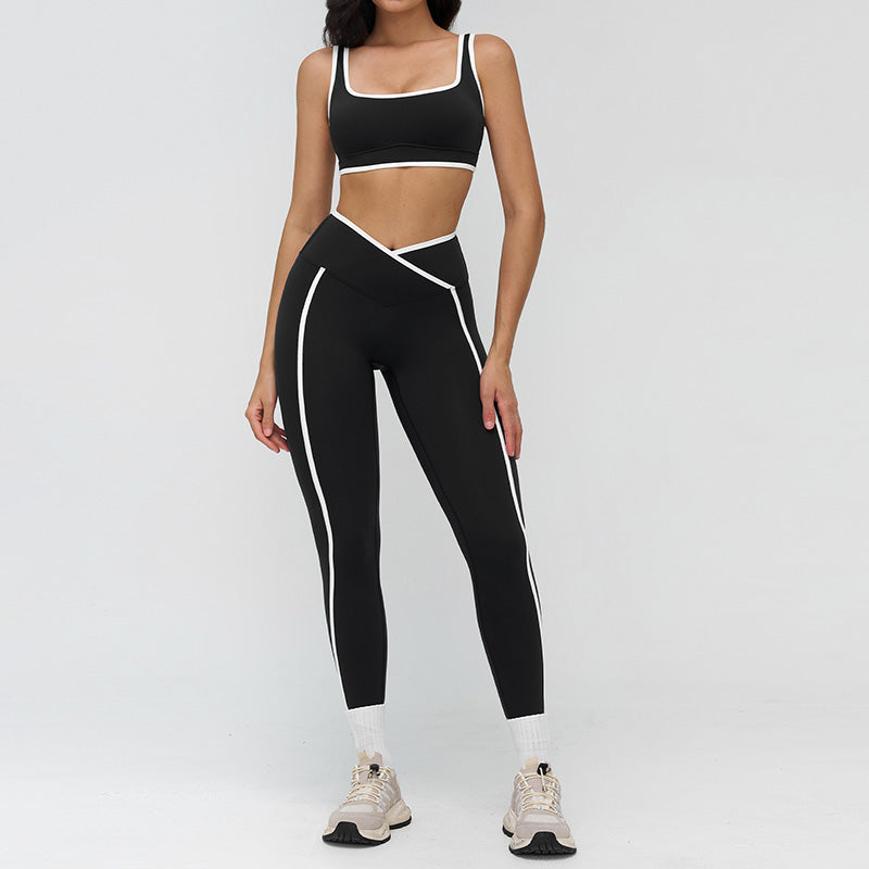 Women's Contrasting Color Wide Strap Sports Bra + leggings 2-Piece Set