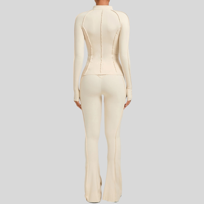 Thumb-buckle zipper jacket + slightly flared pants + sports bra 3-piece set