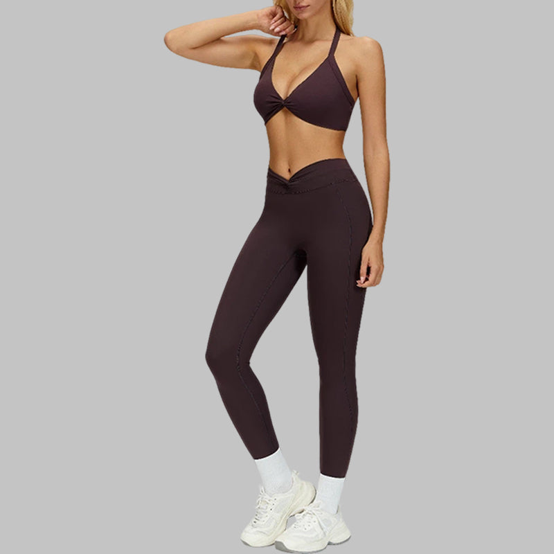 Removable padding sports bra+Pleated waistband sport leggings 2-piece set