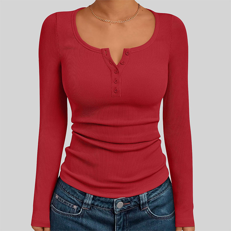 Wholesale Women's Button V-Neck Long Sleeve Ribbed Knit Top