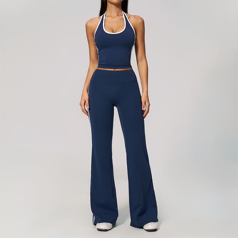 Wholesale Women's Bare-Feel Color-Block Tank Top & High waisted flared pants Set