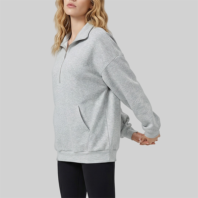 Loose long sleeved Half Zip Stand Collar Fleece Sweatshirt