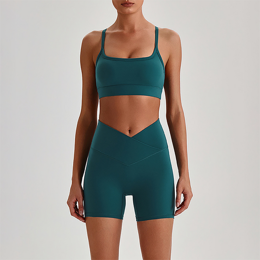 Wholesale Brushed Naked-Feel Open-Back Sports Bra & High-Waist Shorts Set – Sculpting Yoga 2-Piece